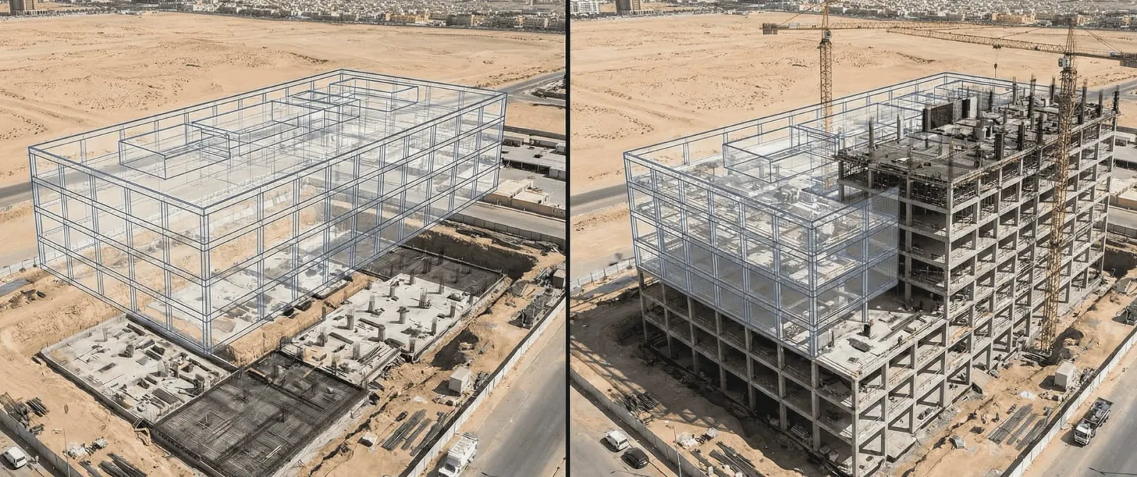 BIM Design vs As-Built Comparison - showing 3D model overlay on actual construction