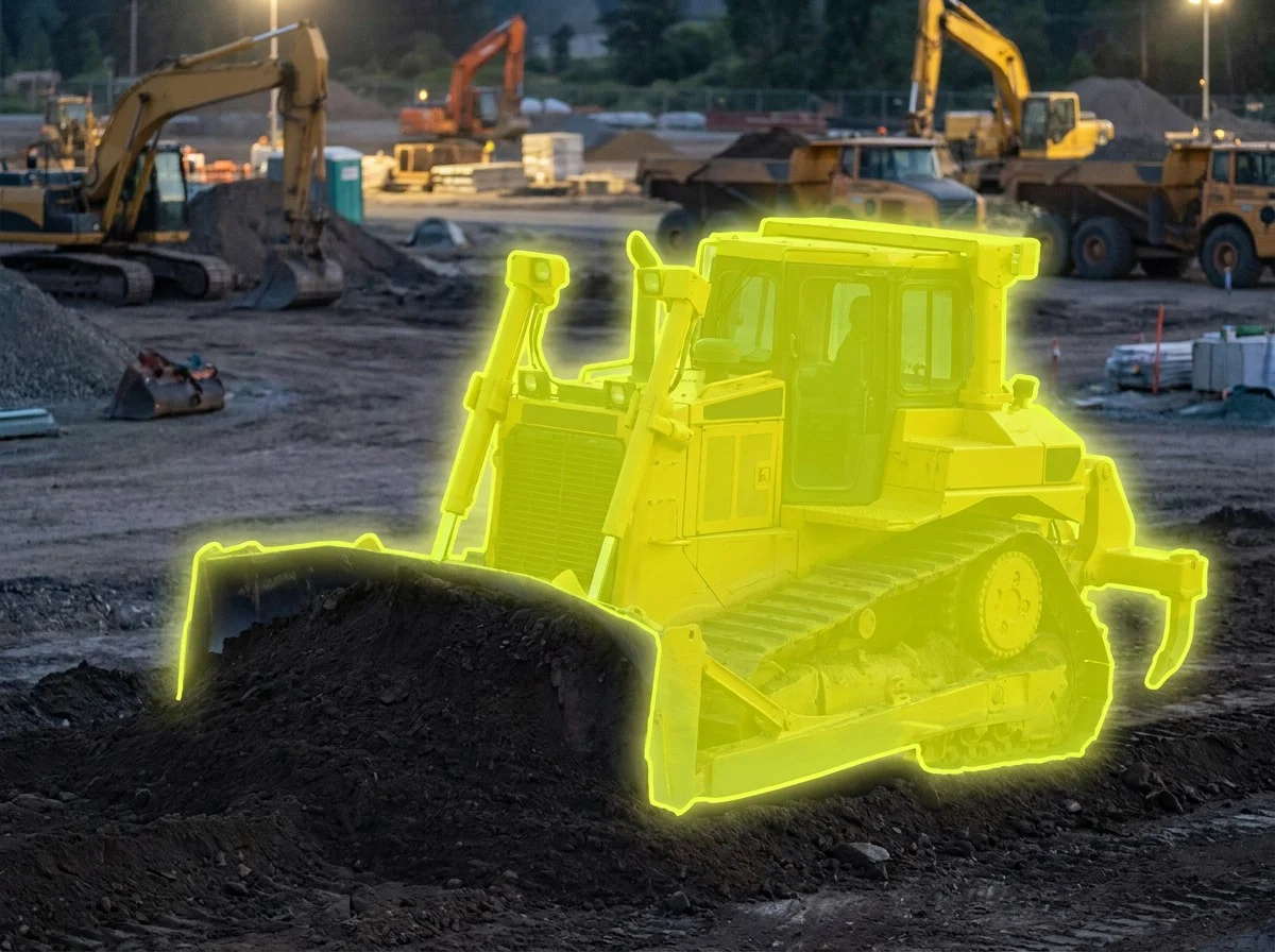 AI segmentation mask over a bulldozer on a construction site
