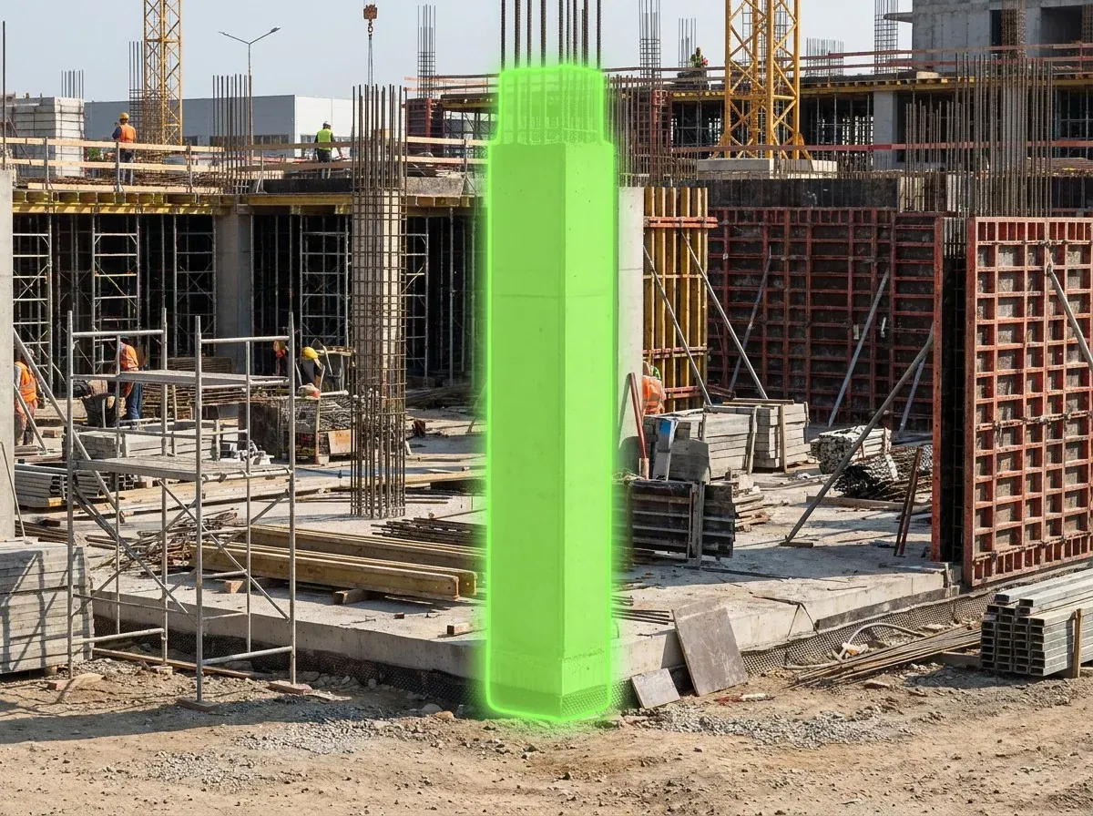 AI segmentation mask over a reinforced-concrete column on a construction site