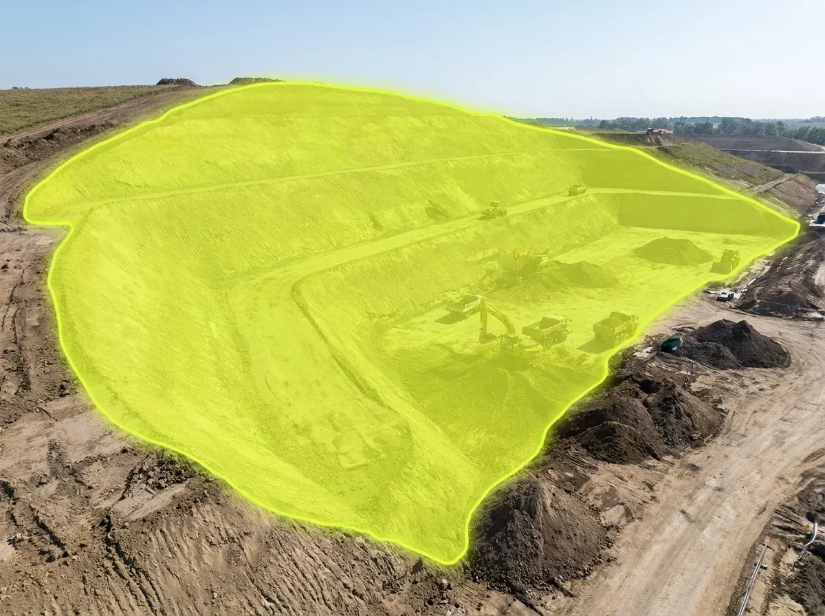 AI segmentation mask over a cut-and-fill earthwork slope on a construction site