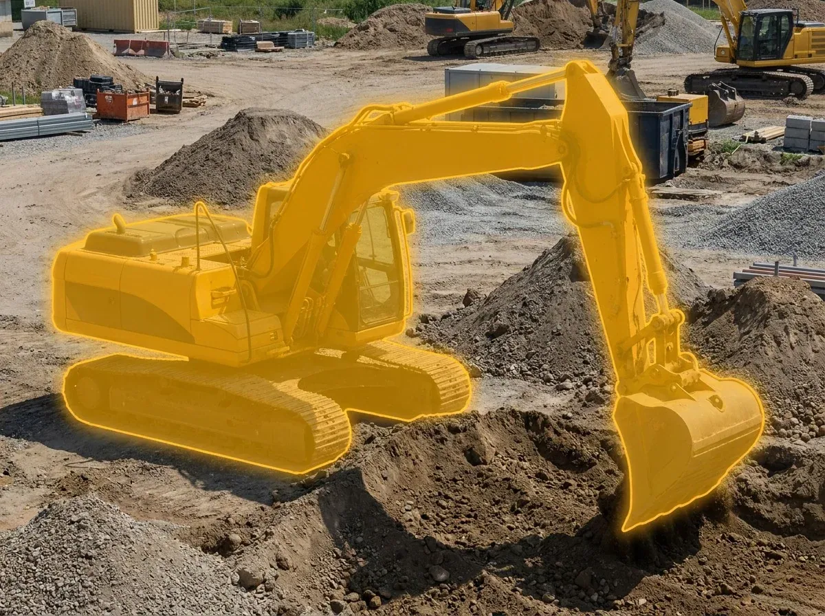 AI segmentation mask over a yellow excavator on a construction site