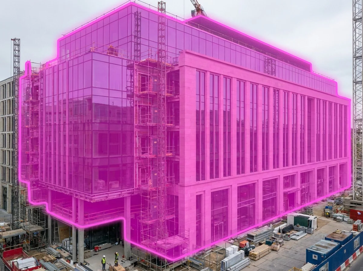 AI segmentation mask over a building facade on a construction site