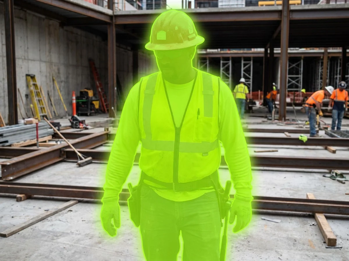 AI segmentation mask over a worker hard hat on a construction site