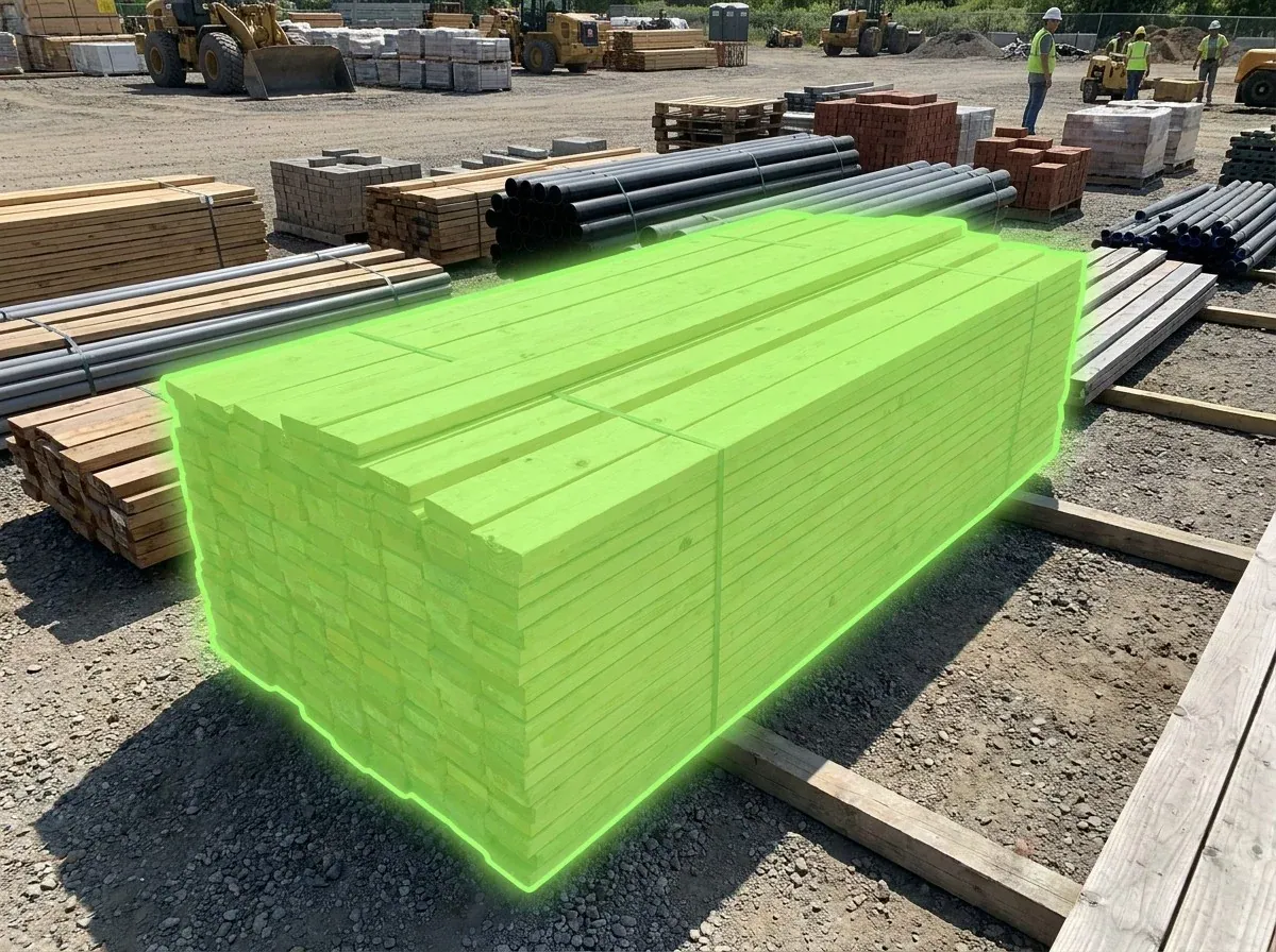 AI segmentation mask over a materials laydown yard on a construction site