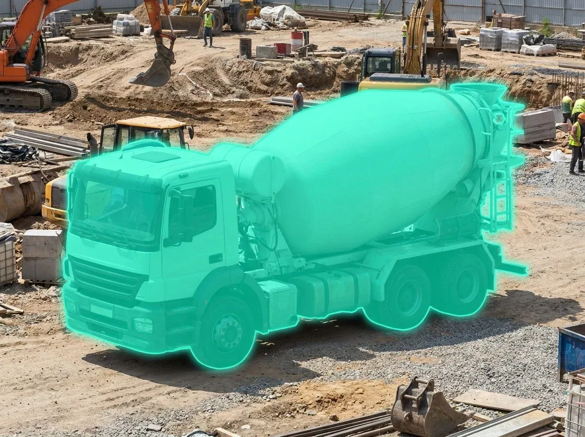 AI segmentation mask over a concrete mixer truck on a construction site