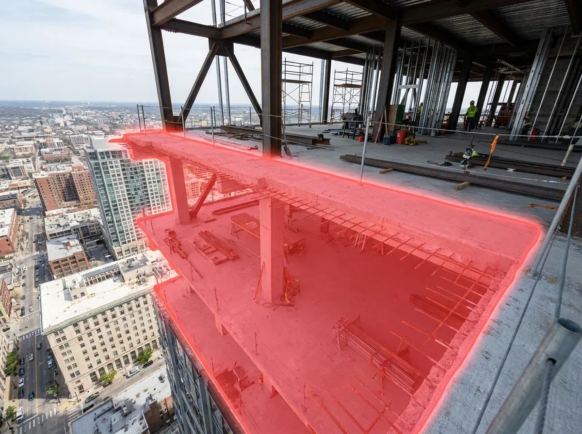AI segmentation mask over an unprotected open floor edge on a construction site