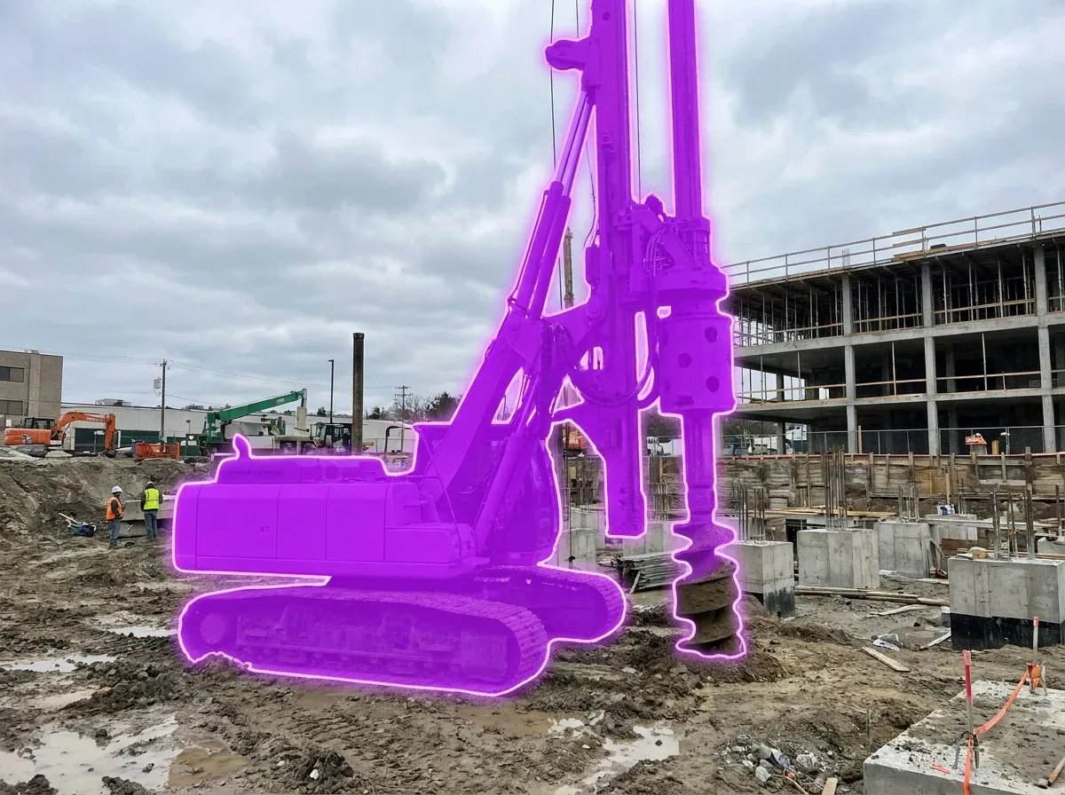 AI segmentation mask over a piling rig on a construction site