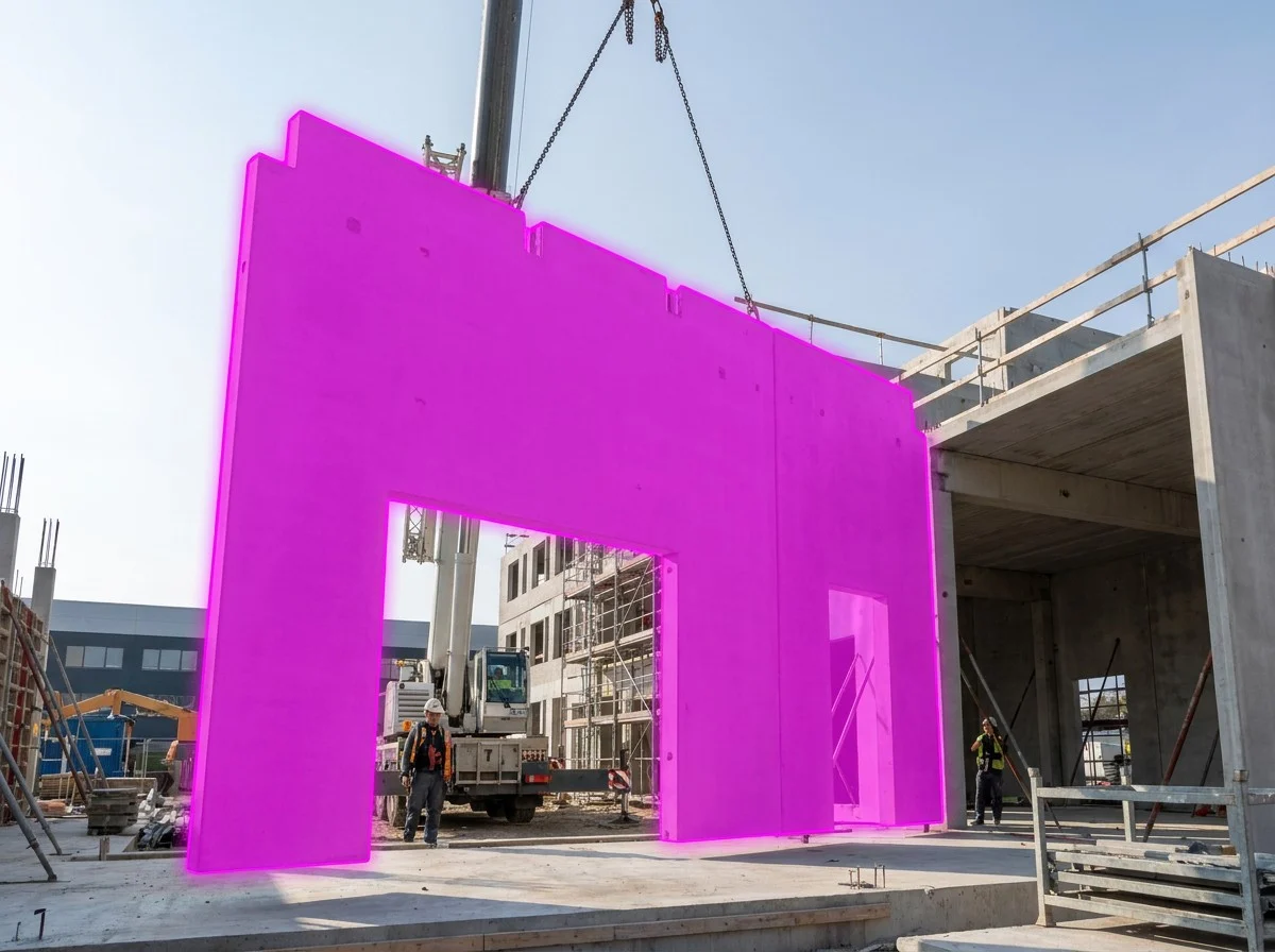 AI segmentation mask over a precast concrete panel on a construction site