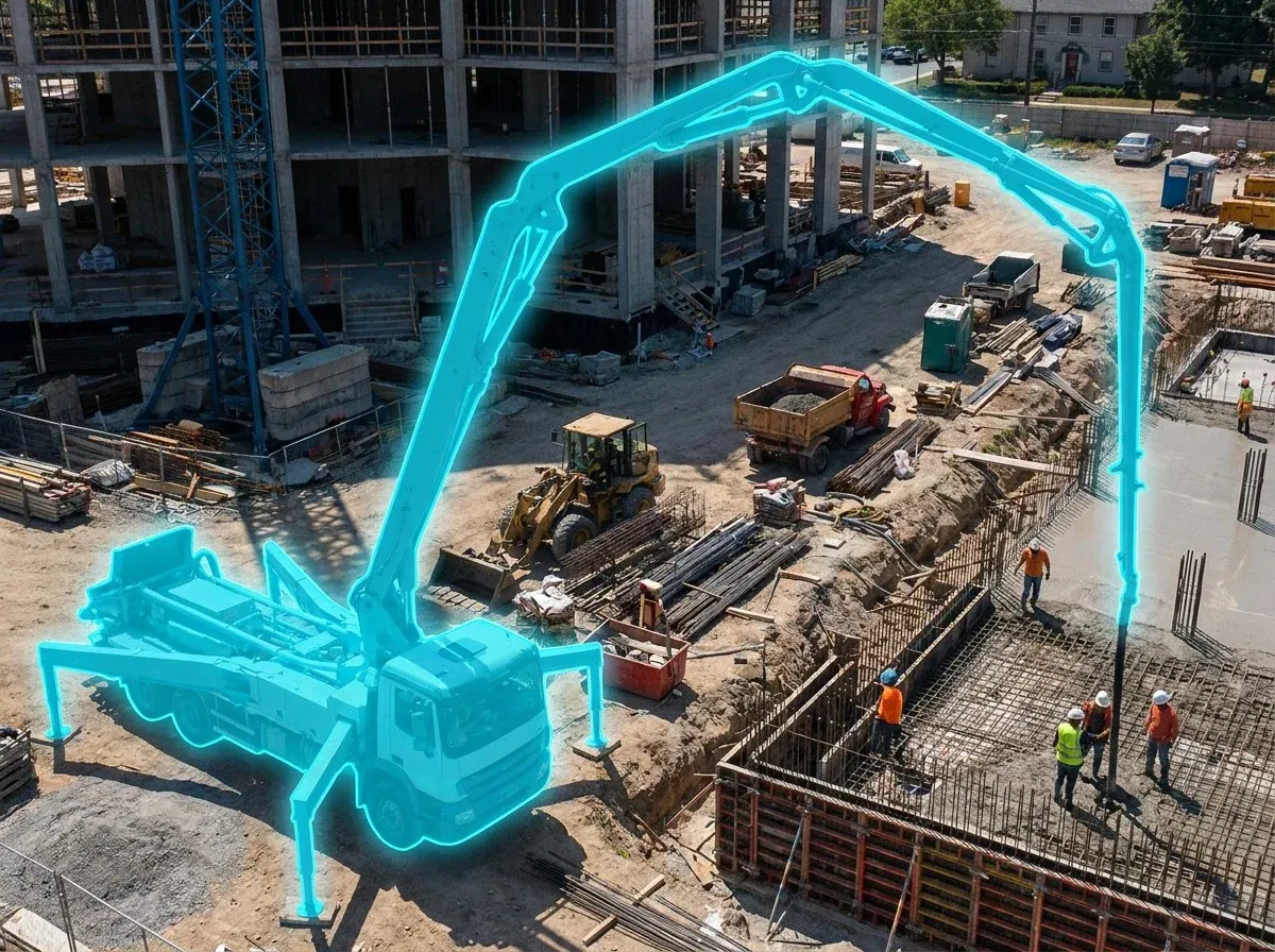 AI segmentation mask over a concrete pump truck on a construction site
