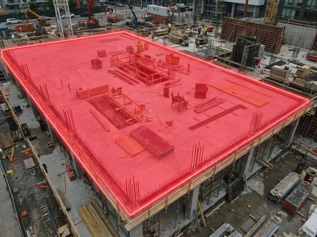 AI segmentation mask over a building roof deck on a construction site