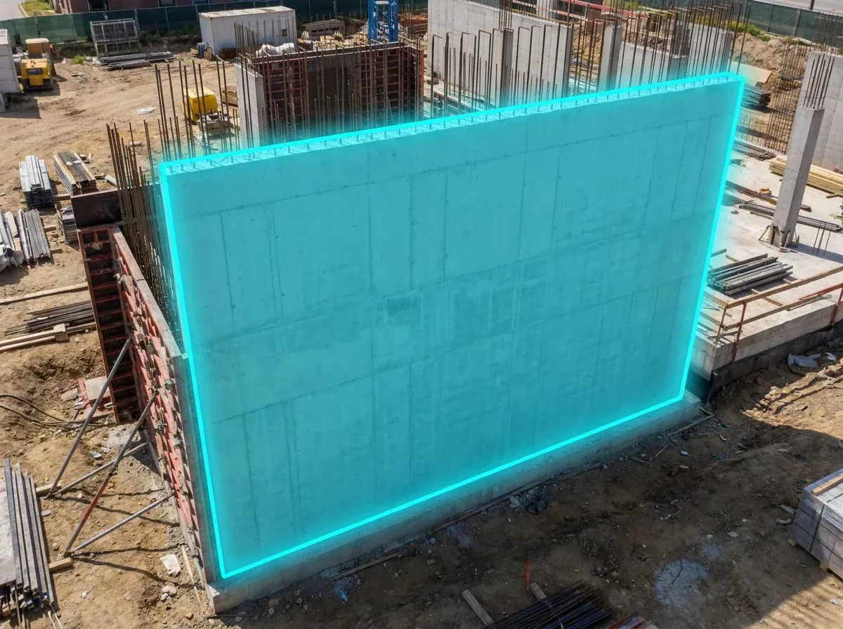 AI segmentation mask over a concrete shear wall on a construction site