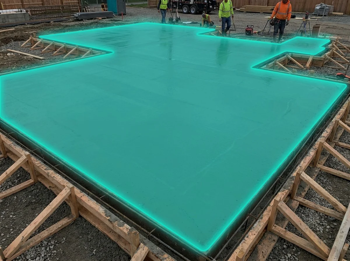 AI segmentation mask over a poured concrete floor slab on a construction site