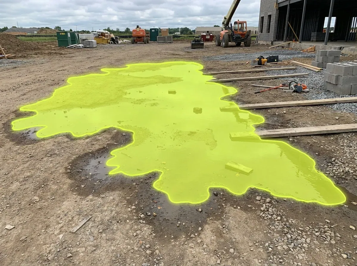 AI segmentation mask over a liquid spill on a construction site