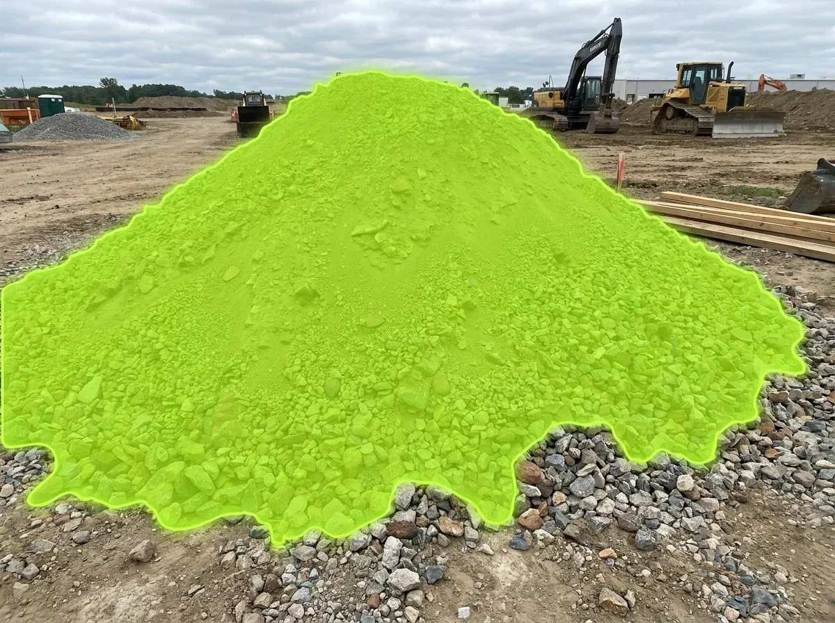 AI segmentation mask over a material stockpile on a construction site