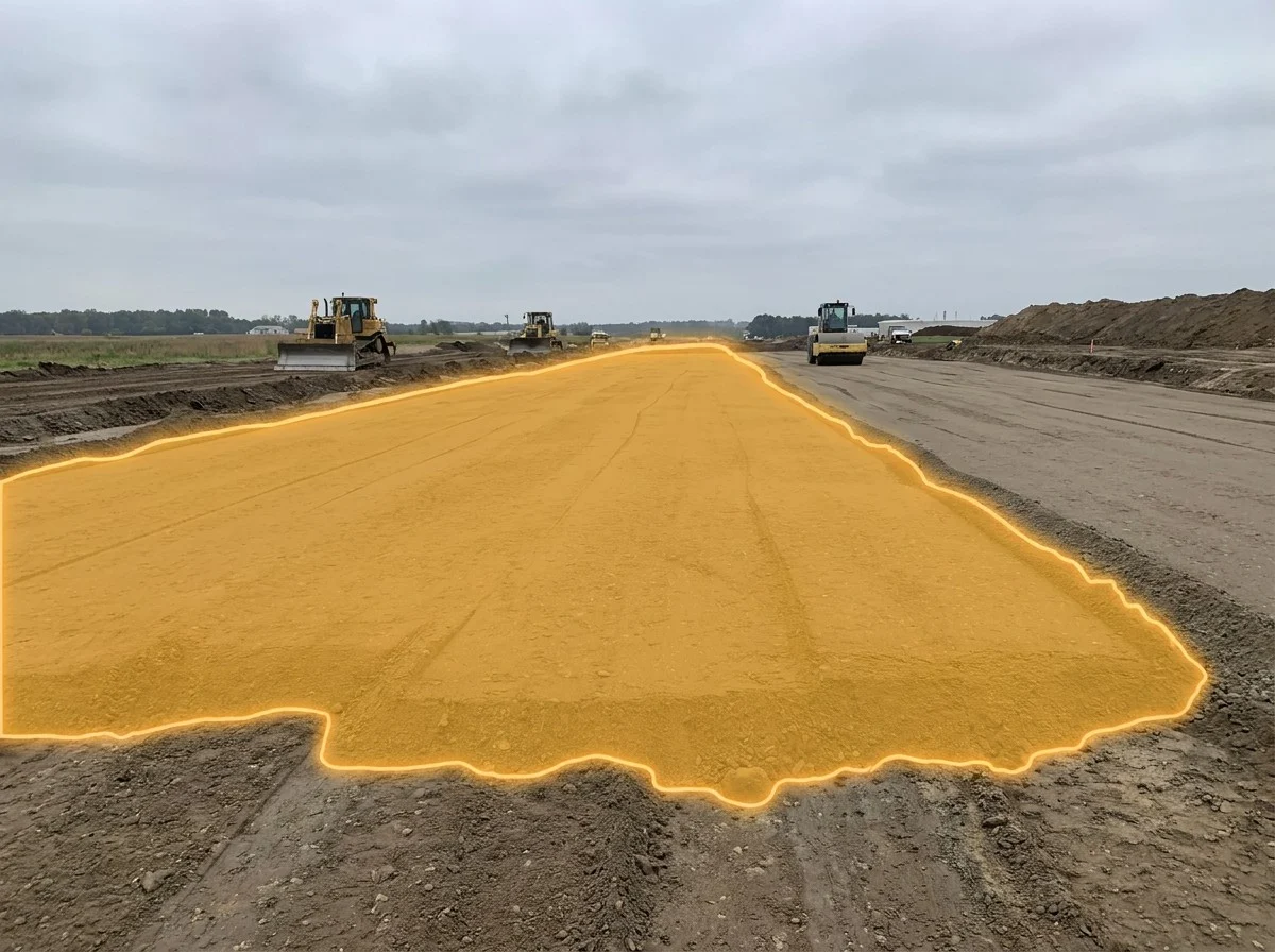 AI segmentation mask over a compacted subgrade road bed on a construction site