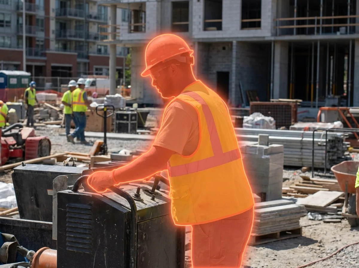 AI segmentation mask over a hi-vis safety vest on a construction site