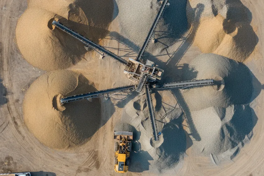Aerial view of large sand and gravel stockpiles at a construction materials yard
