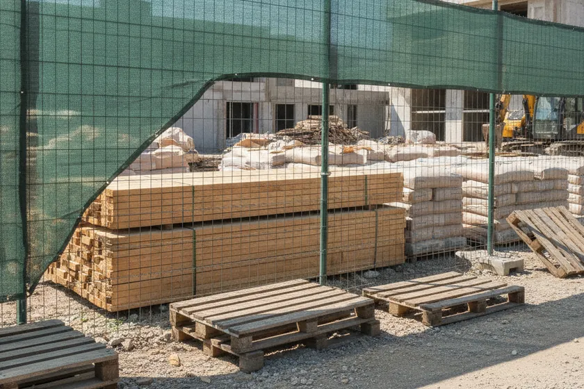 Stacked timber and bagged cement stored behind a temporary mesh fence at a site