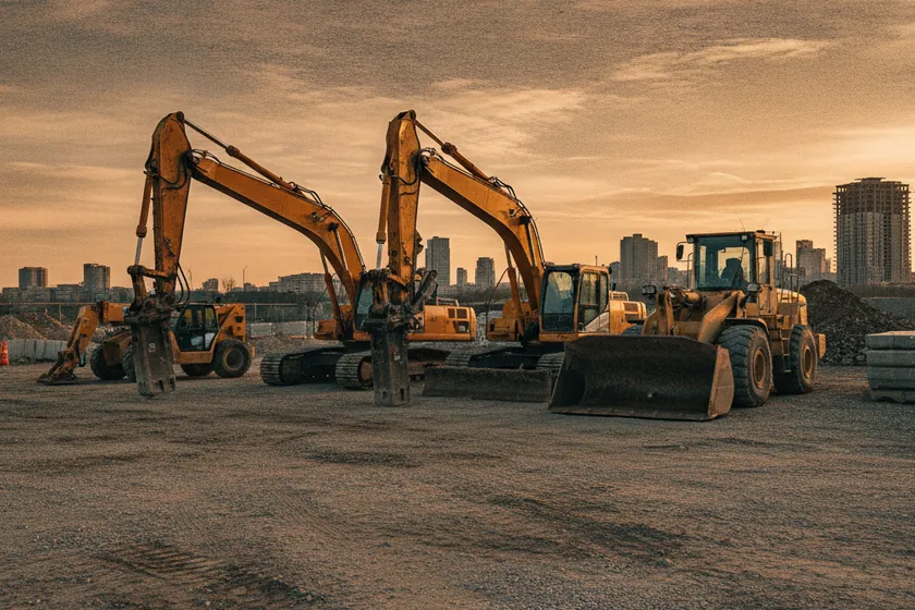 A construction equipment yard with excavators, wheel loaders, and a telehandler parked on gravel