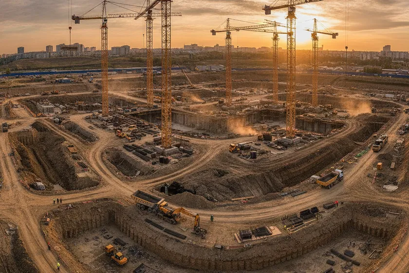 Wide panoramic view of a vast construction site at golden hour with multiple tower cranes