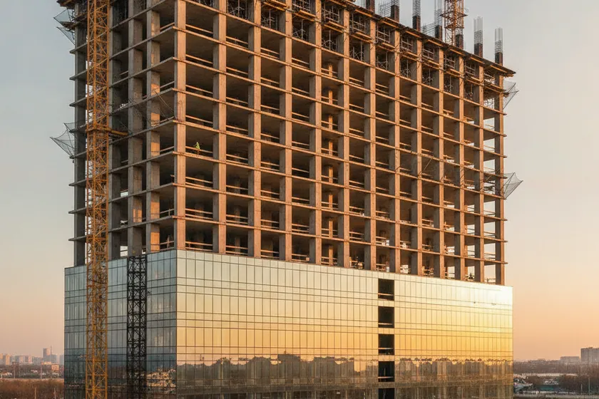 A multi-story building under construction with lower floors complete and upper floors bare concrete