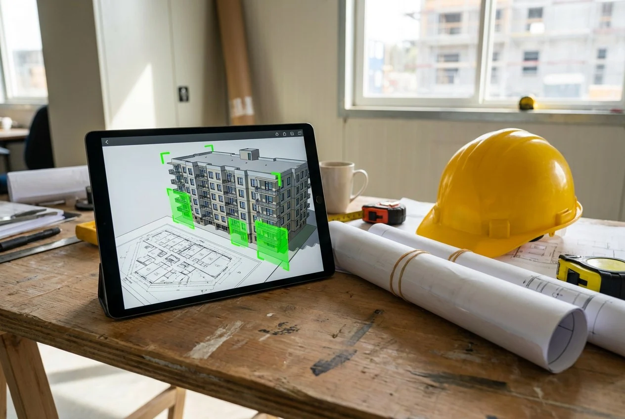A BIM model and site plan on a tablet with capture zones marked