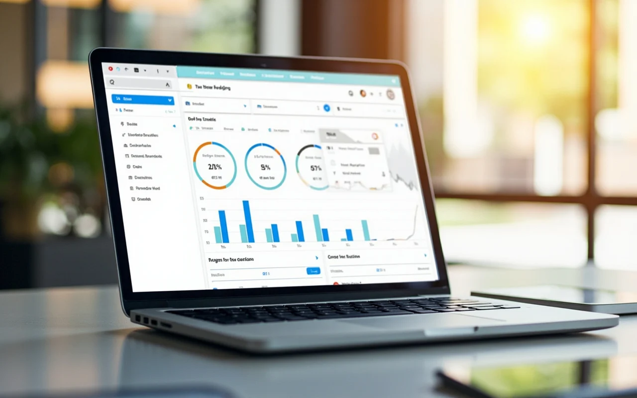 A laptop showing a clean construction analytics dashboard with progress rings and charts
