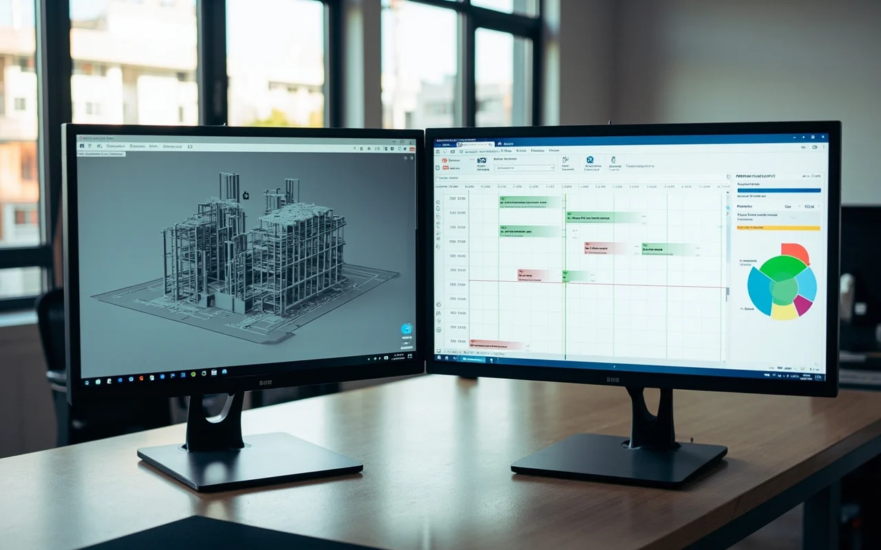 Two monitors showing a 3D BIM building model next to a project schedule and progress dashboard