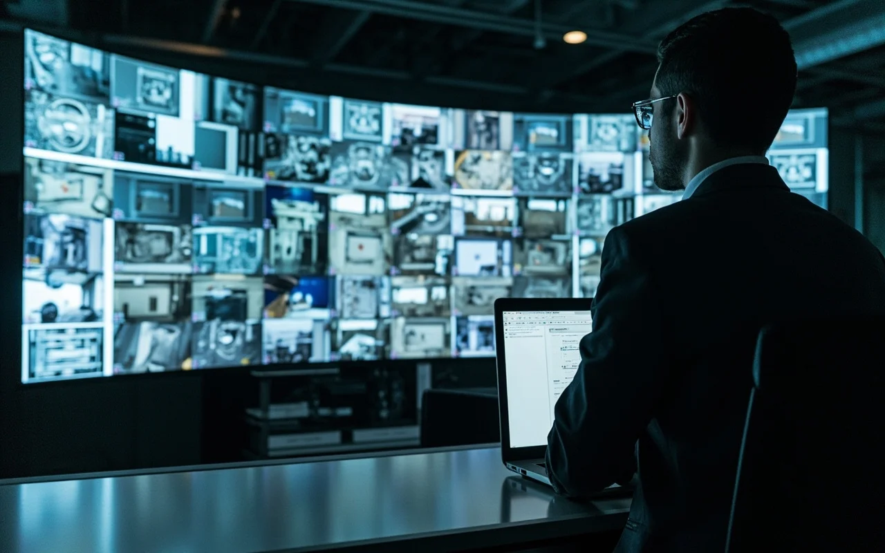 A monitoring wall of many live CCTV and site camera feeds in a construction office