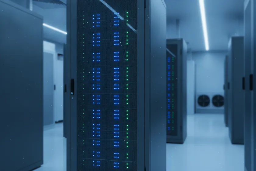 A secure on-premises server rack in a Riyadh data centre keeping site imagery and analytics inside the Kingdom