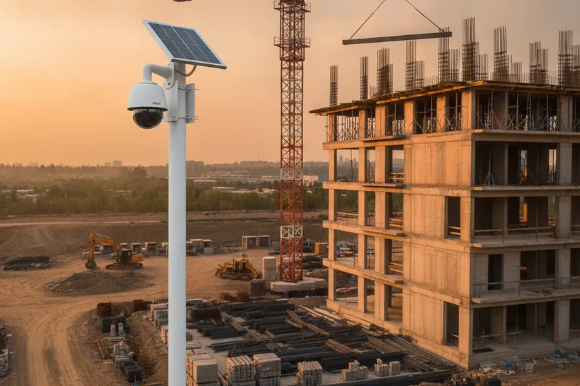A PTZ site CCTV camera mounted on a tall pole overlooking a tower crane and formwork