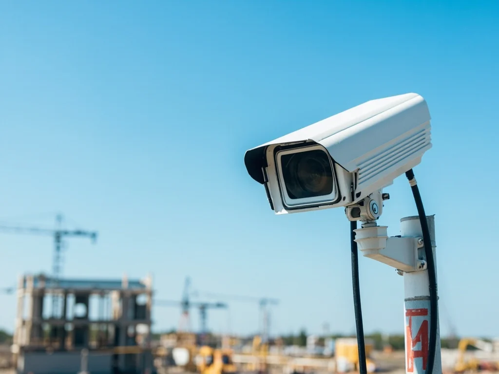 Fixed CCTV camera on a pole at a construction site