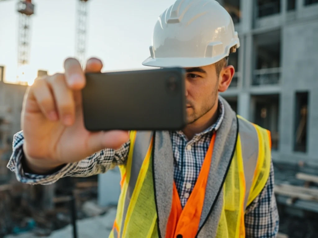 Engineer capturing a construction site with a smartphone