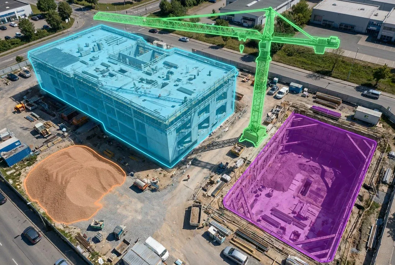 An aerial view of a construction site overlaid with color-coded AI segmentation masks