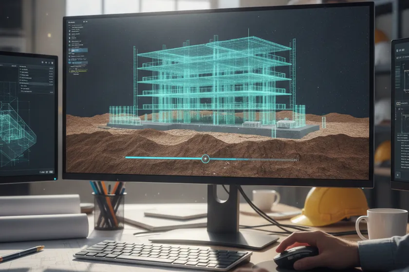 A 4D digital twin of a construction site displayed on a planning workstation screen