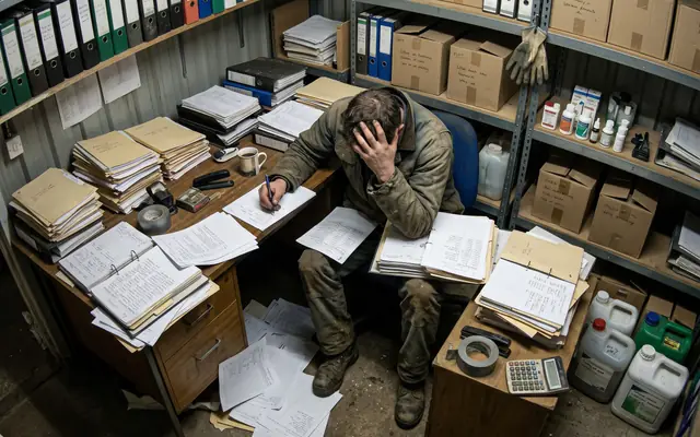 A cluttered site safety office desk covered with paper incident forms and clipboards