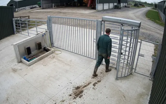 A crowded site entrance at shift start with many workers entering at once