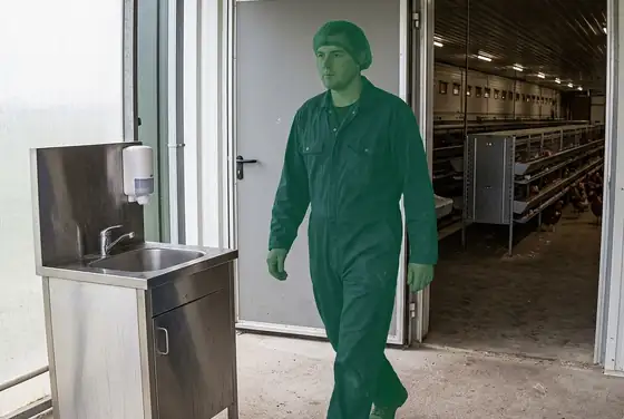 AI segmentation flagging a worker skipping a hand-wash station before entering a poultry house