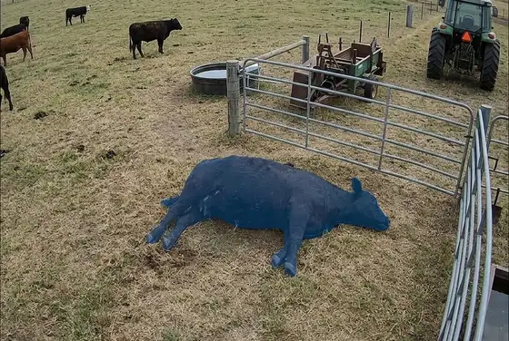AI segmentation flagging a downed cow carcass in a livestock paddock