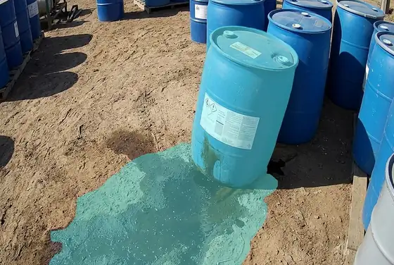 AI segmentation flagging a pesticide drum leaking its contents onto packed soil