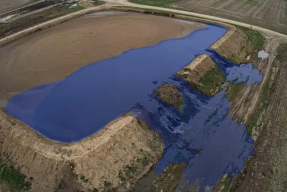 AI segmentation flagging a manure lagoon overflowing its containment berm