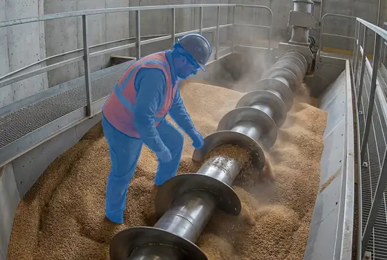 AI segmentation flagging a worker inside a grain silo with active auger motion