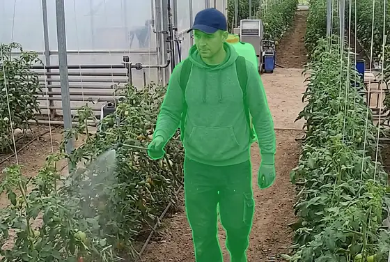 AI segmentation flagging a worker without a respirator while spraying pesticide in a greenhouse