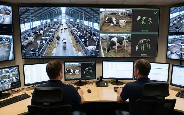 A worker with a glowing skeletal pose-estimation overlay analysing their posture