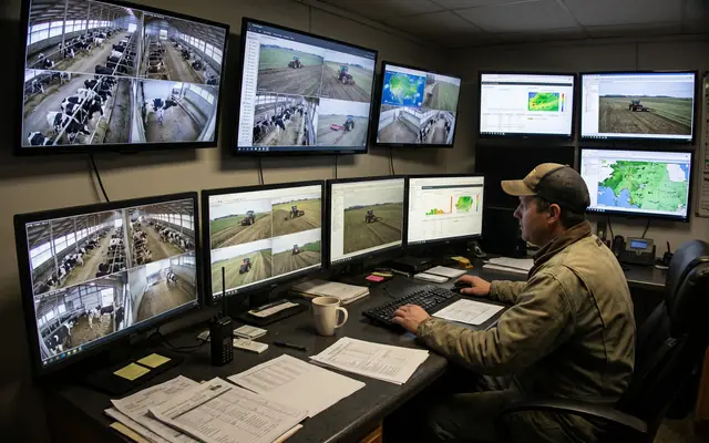A wall monitor showing a live safety operations dashboard with charts and camera tiles