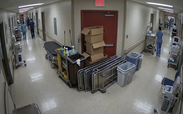 An emergency exit doorway blocked by stacked boxes and debris