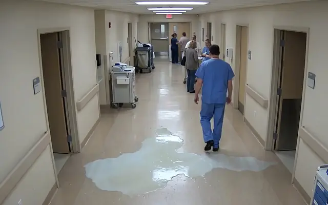 An oil and water spill spreading across a concrete factory floor