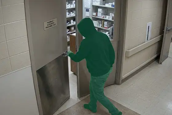 AI segmentation mask on unauthorised entry through a hospital pharmacy door