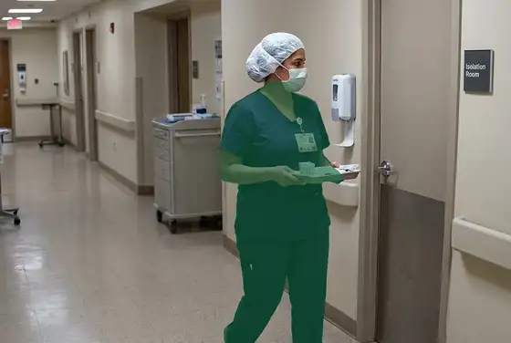 AI segmentation mask on a clinician without a gown approaching an isolation room