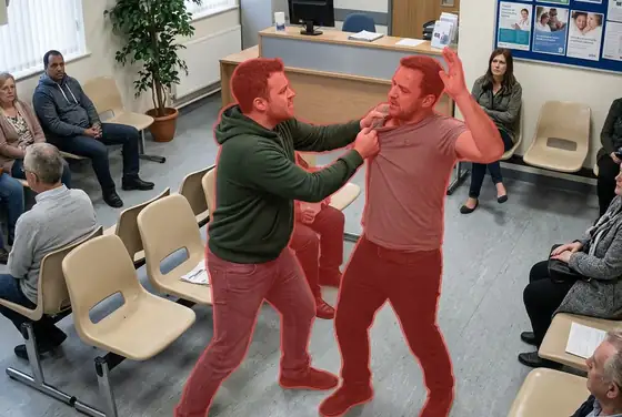 AI segmentation mask on two people in a physical fight in a hospital waiting room